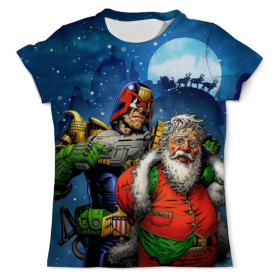 full_print_tee с принтом Judge Dredd Vs Father Xmas в Новосибирске, Футболка с нанесением полноцветного изображения по всей поверхности может быть выполнена в двух вариантах - ХЛОПОК и СИНТЕТИКА. | Хлопок - ткань из 100% хлопка высшего качества пенье.  <br>Синтетика - ткань с высоким содержанием синтетического волокна (до 80%).  Материал хорошо тянется, имеет приятную на ощупь фактуру | 