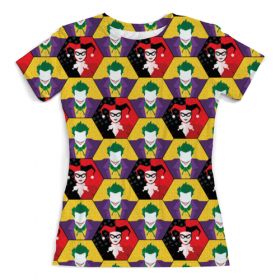 full_print_woman_tee с принтом Harley Quinn & The Joker в Новосибирске, Футболка с нанесением полноцветного изображения по всей поверхности может быть выполнена в двух вариантах - ХЛОПОК и СИНТЕТИКА. | Хлопок - ткань из 100% хлопка высшего качества пенье.  <br>Синтетика - ткань с высоким содержанием синтетического волокна (до 80%).  Материал хорошо тянется, имеет приятную на ощупь фактуру | 