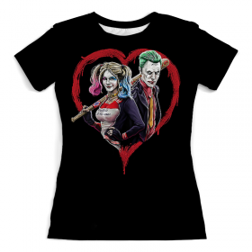 full_print_woman_tee с принтом Harley Quinn & Joker в Новосибирске, Футболка с нанесением полноцветного изображения по всей поверхности может быть выполнена в двух вариантах - ХЛОПОК и СИНТЕТИКА. | Хлопок - ткань из 100% хлопка высшего качества пенье.  <br>Синтетика - ткань с высоким содержанием синтетического волокна (до 80%).  Материал хорошо тянется, имеет приятную на ощупь фактуру | 