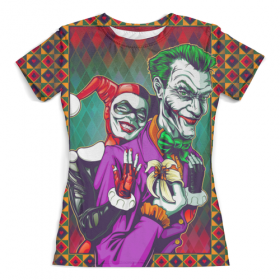 full_print_woman_tee с принтом The Joker&Harley Quinn Design (new) в Новосибирске, Футболка с нанесением полноцветного изображения по всей поверхности может быть выполнена в двух вариантах - ХЛОПОК и СИНТЕТИКА. | Хлопок - ткань из 100% хлопка высшего качества пенье.  <br>Синтетика - ткань с высоким содержанием синтетического волокна (до 80%).  Материал хорошо тянется, имеет приятную на ощупь фактуру | 