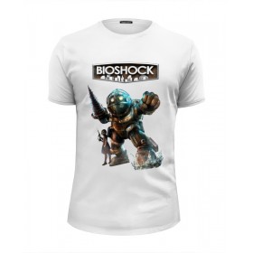 Мужская футболка Premium с принтом Bioshock (logo) в Новосибирске, Белый, черный, серый меланж, голубой: 100% хлопок, плотность 160 гр. Остальные цвета: 92% хлопок, 8% лайкра, плотность 170-180гр. |  | Тематика изображения на принте: 
