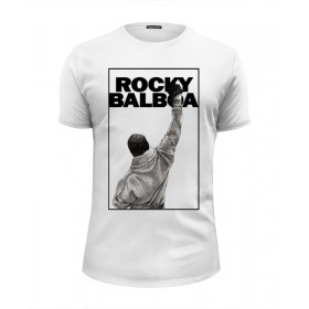 Мужская футболка Premium с принтом Rocky Balboa в Новосибирске, Белый, черный, серый меланж, голубой: 100% хлопок, плотность 160 гр. Остальные цвета: 92% хлопок, 8% лайкра, плотность 170-180гр. |  | Тематика изображения на принте: 