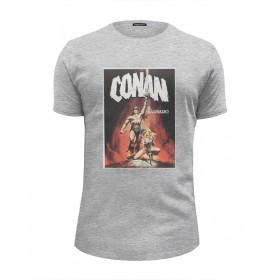 Мужская футболка Premium с принтом Conan the Barbarian в Новосибирске, Белый, черный, серый меланж, голубой: 100% хлопок, плотность 160 гр. Остальные цвета: 92% хлопок, 8% лайкра, плотность 170-180гр. |  | 