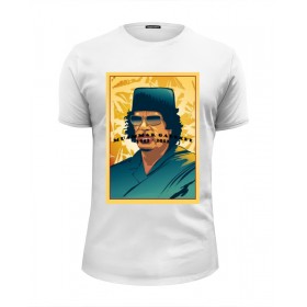 Мужская футболка Premium с принтом Муаммар Каддафи в Новосибирске, Белый, черный, серый меланж, голубой: 100% хлопок, плотность 160 гр. Остальные цвета: 92% хлопок, 8% лайкра, плотность 170-180гр. |  | Тематика изображения на принте: 