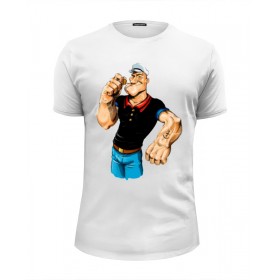 Мужская футболка Premium с принтом Попай/Popeye в Новосибирске, Белый, черный, серый меланж, голубой: 100% хлопок, плотность 160 гр. Остальные цвета: 92% хлопок, 8% лайкра, плотность 170-180гр. |  | 