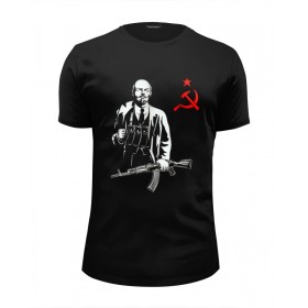 Мужская футболка Premium с принтом Ленин Калашников АК47 в Новосибирске, Белый, черный, серый меланж, голубой: 100% хлопок, плотность 160 гр. Остальные цвета: 92% хлопок, 8% лайкра, плотность 170-180гр. |  | 