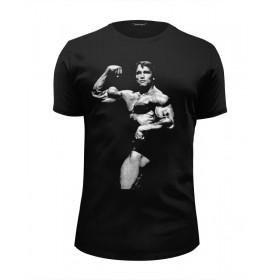 Мужская футболка Premium с принтом Schwarzenegger в Новосибирске, Белый, черный, серый меланж, голубой: 100% хлопок, плотность 160 гр. Остальные цвета: 92% хлопок, 8% лайкра, плотность 170-180гр. |  | 
