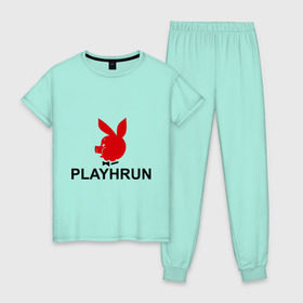 Женская пижама хлопок с принтом Playhrun в Новосибирске, 100% хлопок | брюки и футболка прямого кроя, без карманов, на брюках мягкая резинка на поясе и по низу штанин | playboy | плейбой | плейхрюн | хрю