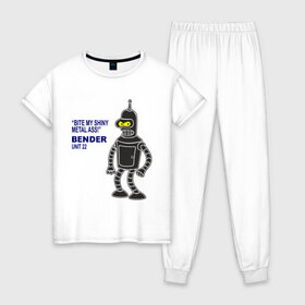 Женская пижама хлопок с принтом Bender в Новосибирске, 100% хлопок | брюки и футболка прямого кроя, без карманов, на брюках мягкая резинка на поясе и по низу штанин | bender | futurama | футурама