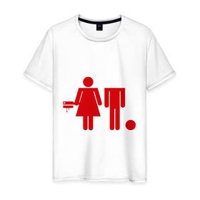 Мужская футболка хлопок с принтом Девочка топор и мальчик в Новосибирске, 100% хлопок | прямой крой, круглый вырез горловины, длина до линии бедер, слегка спущенное плечо. | без головы | девушка | знаки | люди | парень | силуэты | топор | человеки