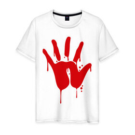 Мужская футболка хлопок с принтом Рука в Новосибирске, 100% хлопок | прямой крой, круглый вырез горловины, длина до линии бедер, слегка спущенное плечо. | кисть | кровь | ладонь | отпечаток | пальцы | рука