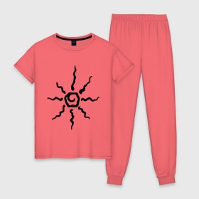 Женская пижама хлопок с принтом Палящее солнце в Новосибирске, 100% хлопок | брюки и футболка прямого кроя, без карманов, на брюках мягкая резинка на поясе и по низу штанин | tribal | орнамент | солнце | трайбл | узор