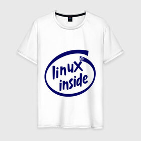 Мужская футболка хлопок с принтом Linux inside в Новосибирске, 100% хлопок | прямой крой, круглый вырез горловины, длина до линии бедер, слегка спущенное плечо. | Тематика изображения на принте: intel inside | linux | linux inside | админу | линукс | пингвины linux | пингвины люникс | прикольные