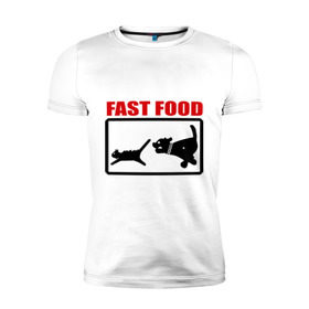 Мужская футболка премиум с принтом Fast food в Новосибирске, 92% хлопок, 8% лайкра | приталенный силуэт, круглый вырез ворота, длина до линии бедра, короткий рукав | Тематика изображения на принте: fast food | fastfood | быстра еда | коты | кошка | песики | собака