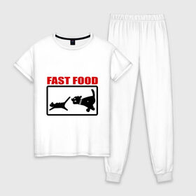 Женская пижама хлопок с принтом Fast food в Новосибирске, 100% хлопок | брюки и футболка прямого кроя, без карманов, на брюках мягкая резинка на поясе и по низу штанин | fast food | fastfood | быстра еда | коты | кошка | песики | собака