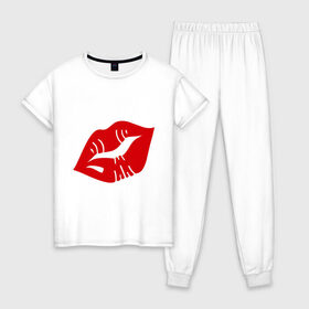 Женская пижама хлопок с принтом Губы в Новосибирске, 100% хлопок | брюки и футболка прямого кроя, без карманов, на брюках мягкая резинка на поясе и по низу штанин | kiss | lips | губы | помада | поцелуй