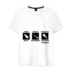 Мужская футболка хлопок с принтом Пуля Штык Граната в Новосибирске, 100% хлопок | прямой крой, круглый вырез горловины, длина до линии бедер, слегка спущенное плечо. | граната | оружие | штук молодец