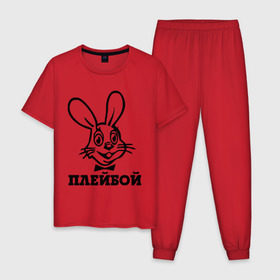 Мужская пижама хлопок с принтом Плейбой в Новосибирске, 100% хлопок | брюки и футболка прямого кроя, без карманов, на брюках мягкая резинка на поясе и по низу штанин
 | Тематика изображения на принте: play boy | playboy | зайчик | плей бой | плейбой