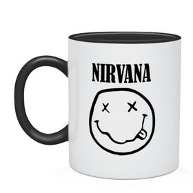 Кружка двухцветная с принтом Nirvana в Новосибирске, керамика | объем — 330 мл, диаметр — 80 мм. Цветная ручка и кайма сверху, в некоторых цветах — вся внутренняя часть | cobain | media | nirvana | rock | smells like teen spirit | toplanding | кобейн | нирвана | рок