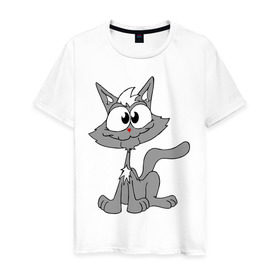 Мужская футболка хлопок с принтом Серый кот в Новосибирске, 100% хлопок | прямой крой, круглый вырез горловины, длина до линии бедер, слегка спущенное плечо. | домашние животные | кот | кошка | кошки | серый кот