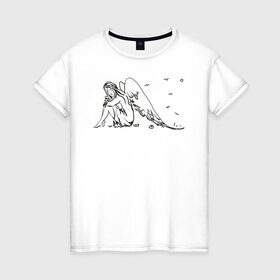 Женская футболка хлопок с принтом Задумчивый ангел в Новосибирске, 100% хлопок | прямой крой, круглый вырез горловины, длина до линии бедер, слегка спущенное плечо | angel | ангел | девушкам | для девушек