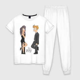 Женская пижама хлопок с принтом Mr. & Mrs. Fry в Новосибирске, 100% хлопок | брюки и футболка прямого кроя, без карманов, на брюках мягкая резинка на поясе и по низу штанин | bender | futurama | бендер | футурама