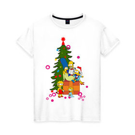 Женская футболка хлопок с принтом Новый год у симпсонов в Новосибирске, 100% хлопок | прямой крой, круглый вырез горловины, длина до линии бедер, слегка спущенное плечо | 2012 | 2012 год | simpsons | год дракона | елка | елочка | новогодний | новый 2012 | новый год | подарки | симпсоны | симсоны