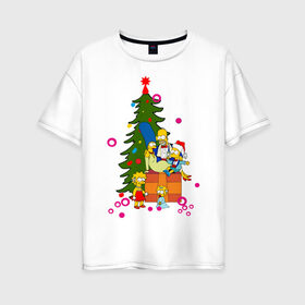 Женская футболка хлопок Oversize с принтом Новый год у симпсонов в Новосибирске, 100% хлопок | свободный крой, круглый ворот, спущенный рукав, длина до линии бедер
 | 2012 | 2012 год | simpsons | год дракона | елка | елочка | новогодний | новый 2012 | новый год | подарки | симпсоны | симсоны