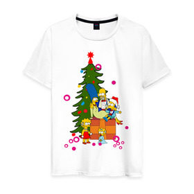 Мужская футболка хлопок с принтом Новый год у симпсонов в Новосибирске, 100% хлопок | прямой крой, круглый вырез горловины, длина до линии бедер, слегка спущенное плечо. | 2012 | 2012 год | simpsons | год дракона | елка | елочка | новогодний | новый 2012 | новый год | подарки | симпсоны | симсоны