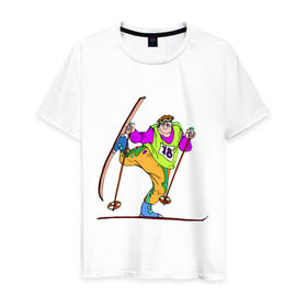 Мужская футболка хлопок с принтом Лыжник (2) в Новосибирске, 100% хлопок | прямой крой, круглый вырез горловины, длина до линии бедер, слегка спущенное плечо. | беговые лыжи | гора | горные лыжи | для зимы | зимний спорт | лыжи | лыжник | трасса