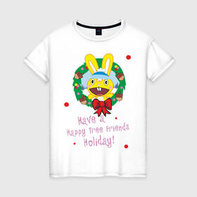 Женская футболка хлопок с принтом Happy tree friend (7) в Новосибирске, 100% хлопок | прямой крой, круглый вырез горловины, длина до линии бедер, слегка спущенное плечо | 2012 год | happy tree friends | holiday | new year | венок | нг | новогодний | новый 2012 | новый год | праздник | праздничный | рождественский | рождество