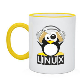 Кружка двухцветная с принтом Linux в Новосибирске, керамика | объем — 330 мл, диаметр — 80 мм. Цветная ручка и кайма сверху, в некоторых цветах — вся внутренняя часть | Тематика изображения на принте: пингвин