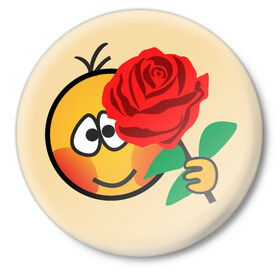 Значок с принтом Смайлик с розой в Новосибирске,  металл | круглая форма, металлическая застежка в виде булавки | Тематика изображения на принте: 