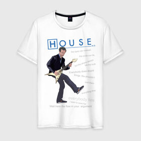 Мужская футболка хлопок с принтом Доктор Хаус с гитарой в Новосибирске, 100% хлопок | прямой крой, круглый вырез горловины, длина до линии бедер, слегка спущенное плечо. | Тематика изображения на принте: everybody lies | haus | house | все лгут | доктор | хауз | хаус | хью лори