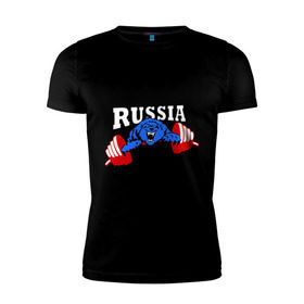 Мужская футболка премиум с принтом RUSSIA PR в Новосибирске, 92% хлопок, 8% лайкра | приталенный силуэт, круглый вырез ворота, длина до линии бедра, короткий рукав | Тематика изображения на принте: powerlifting