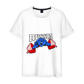 Мужская футболка хлопок с принтом RUSSIA PR в Новосибирске, 100% хлопок | прямой крой, круглый вырез горловины, длина до линии бедер, слегка спущенное плечо. | Тематика изображения на принте: powerlifting