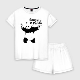 Женская пижама с шортиками хлопок с принтом Gangsta Panda в Новосибирске, 100% хлопок | футболка прямого кроя, шорты свободные с широкой мягкой резинкой | Тематика изображения на принте: панда