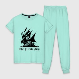 Женская пижама хлопок с принтом The Pirate Bay в Новосибирске, 100% хлопок | брюки и футболка прямого кроя, без карманов, на брюках мягкая резинка на поясе и по низу штанин | the pirate bay | torrent | пиратская бухта | торрент