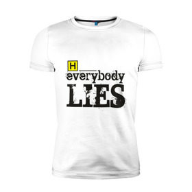 Мужская футболка премиум с принтом Хаус в Новосибирске, 92% хлопок, 8% лайкра | приталенный силуэт, круглый вырез ворота, длина до линии бедра, короткий рукав | everybody lies | haus | house | все лгут | доктор | хауз | хаус | хью лори