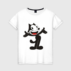 Женская футболка хлопок с принтом Кот феликс в Новосибирске, 100% хлопок | прямой крой, круглый вырез горловины, длина до линии бедер, слегка спущенное плечо | felix | felix cat | кот феликс | феликс
