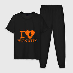 Мужская пижама хлопок с принтом I Love Halloween в Новосибирске, 100% хлопок | брюки и футболка прямого кроя, без карманов, на брюках мягкая резинка на поясе и по низу штанин
 | hallowen | hallowin | halovin | halowen | halowin | helloveen | helloven | hellovin | heloven | helovin | i lov | ведьма | день всех святых | колдунья | метла | халлоуин | халлувин | халоуин | халувин | хелловин | хеллоуин | хелоуин | хелувин