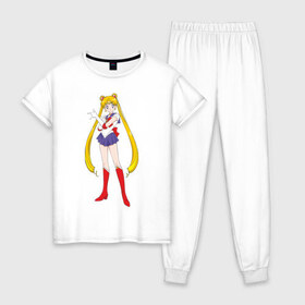 Женская пижама хлопок с принтом Sailor Moon в Новосибирске, 100% хлопок | брюки и футболка прямого кроя, без карманов, на брюках мягкая резинка на поясе и по низу штанин | аниме