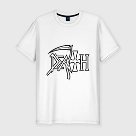 Мужская футболка премиум с принтом Death в Новосибирске, 92% хлопок, 8% лайкра | приталенный силуэт, круглый вырез ворота, длина до линии бедра, короткий рукав | death | hard rock | metal | rock | дэт метал | логотип | метал | музыка | рок | рок группа | рок группы | хард | хард рок