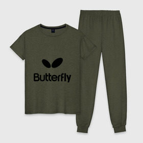 Женская пижама хлопок с принтом Butterfly в Новосибирске, 100% хлопок | брюки и футболка прямого кроя, без карманов, на брюках мягкая резинка на поясе и по низу штанин | buterfly | батерфляй | настольный теннис | ракетка | теннис | теннисный корт