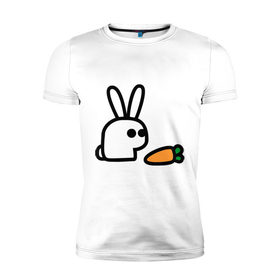 Мужская футболка премиум с принтом Заяц и моркоФка в Новосибирске, 92% хлопок, 8% лайкра | приталенный силуэт, круглый вырез ворота, длина до линии бедра, короткий рукав | животные | зайка | зайчишка | зайчонок | заяц | кролик | морковка