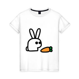 Женская футболка хлопок с принтом Заяц и моркоФка в Новосибирске, 100% хлопок | прямой крой, круглый вырез горловины, длина до линии бедер, слегка спущенное плечо | животные | зайка | зайчишка | зайчонок | заяц | кролик | морковка