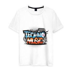 Мужская футболка хлопок с принтом techno music в Новосибирске, 100% хлопок | прямой крой, круглый вырез горловины, длина до линии бедер, слегка спущенное плечо. | Тематика изображения на принте: music | techno | музыка | надпись | техно