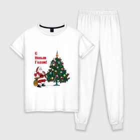 Женская пижама хлопок с принтом Ded Moroz в Новосибирске, 100% хлопок | брюки и футболка прямого кроя, без карманов, на брюках мягкая резинка на поясе и по низу штанин | 2012 | new year | дед | дед мороз | елка | елочка | нг | новый 2012 | новый год | подарки | санта | санта клаус