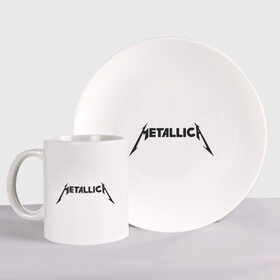 Набор: тарелка + кружка с принтом Metallica в Новосибирске, керамика | Кружка: объем — 330 мл, диаметр — 80 мм. Принт наносится на бока кружки, можно сделать два разных изображения. 
Тарелка: диаметр - 210 мм, диаметр для нанесения принта - 120 мм. | Тематика изображения на принте: металлика