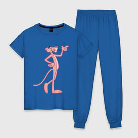 Женская пижама хлопок с принтом PinkPanther в Новосибирске, 100% хлопок | брюки и футболка прямого кроя, без карманов, на брюках мягкая резинка на поясе и по низу штанин | Тематика изображения на принте: pink panther | розовая пантера